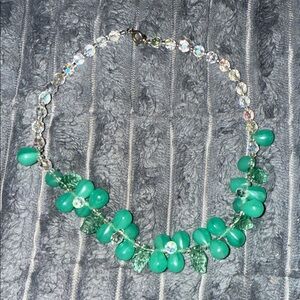Vintage 1940s~1950s Glass Beaded Necklace Grapes & Leaves Jade Green & Crystal